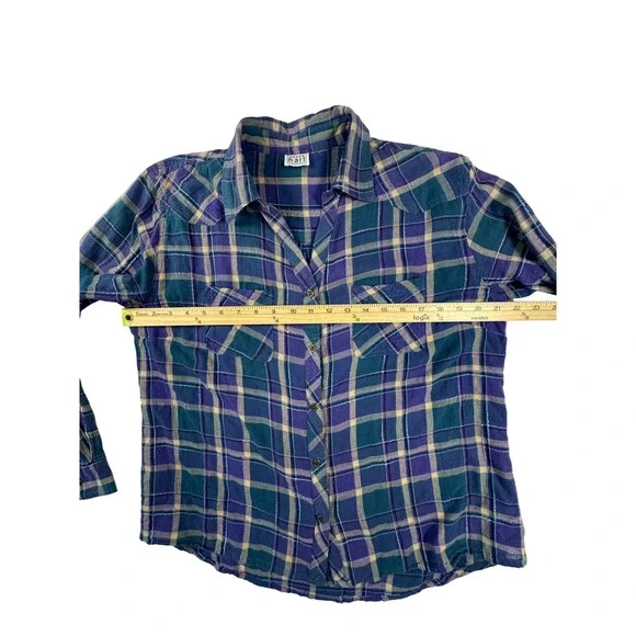 Keren Hart Plaid Button Down Shirt Womens L Purple Teal Western Flannel - Picture 4 of 5